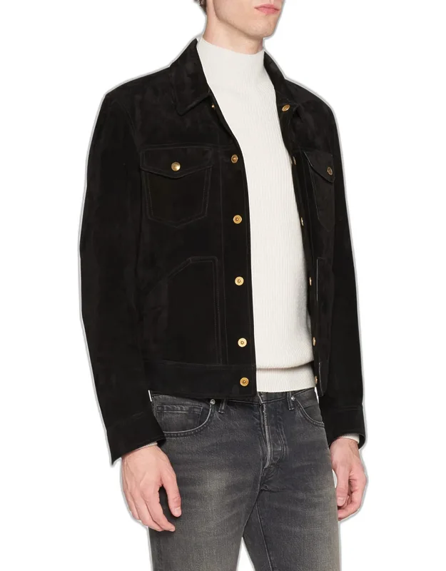Suede Western Jacket With Goldtone Button Accents, Adjustable Snap Tabs At Hem