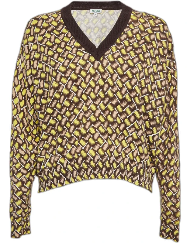Patterned Cotton Knit V-neck Sweater