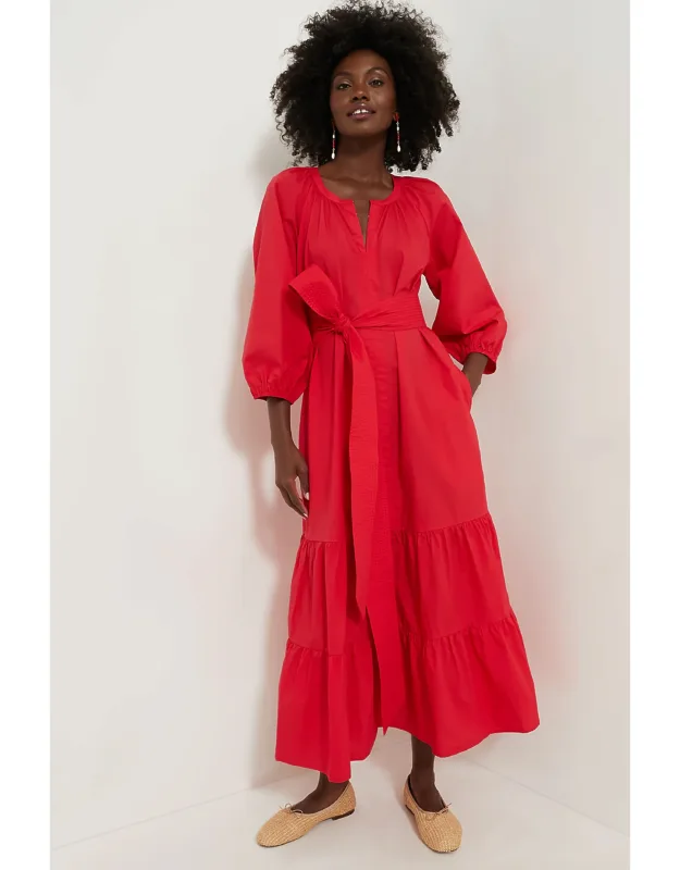 Red Lyles Dress With Removable Waist Belt And Puff Sleeves