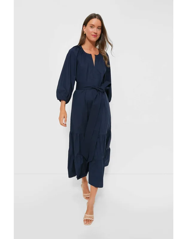 Navy Lyles Dress With Removable Waist Belt And Puff Sleeves