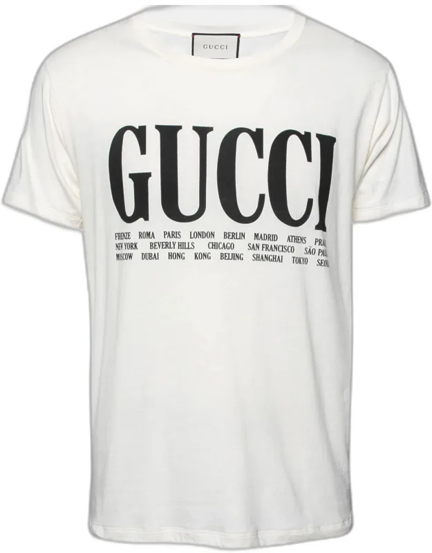 Cream Cotton Logo And Cities Printed Crewneck Short Sleeve T-shirt