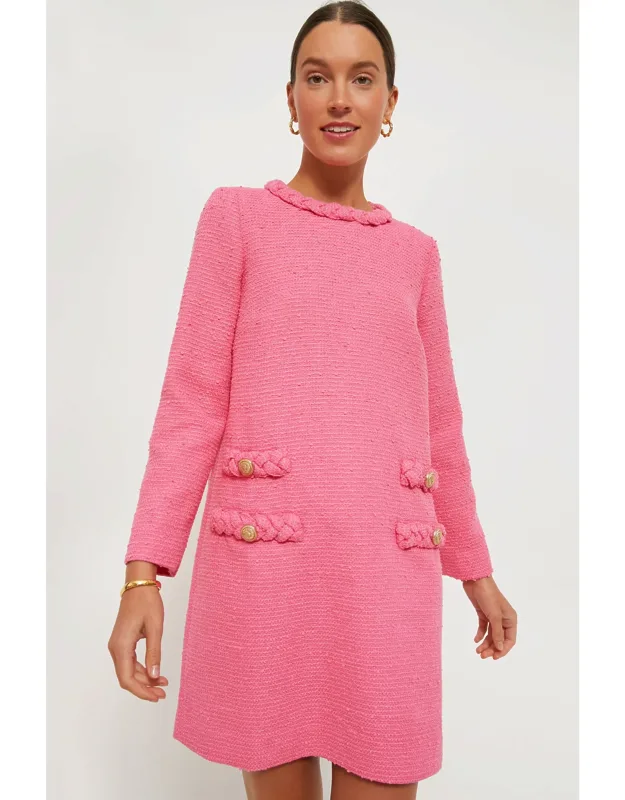 Hot Pink Tweed Long Sleeve Dress