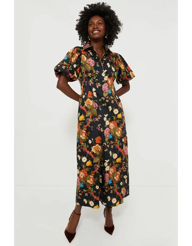 Baroque Floral Dress With Puff Sleeves