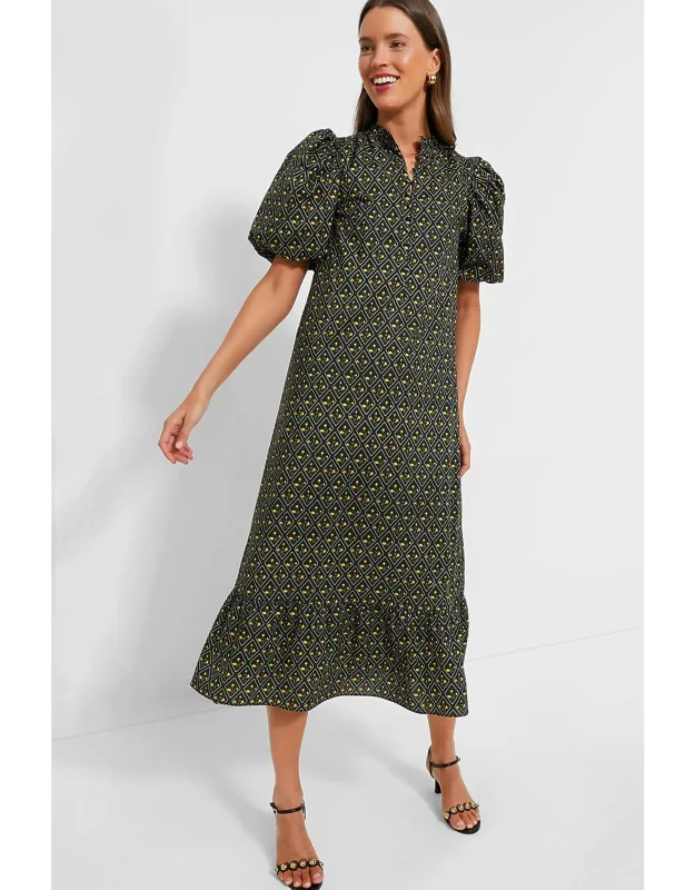 Black Diamond Floral Midi Dress With Ruffle Collar And Puff Sleeves