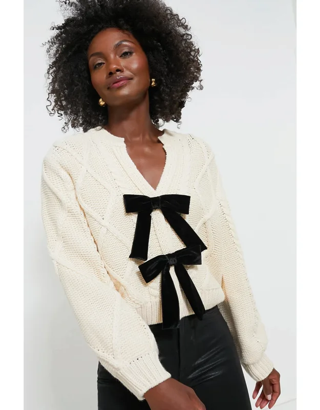 Cream & Black Velvet Bows Cardigan