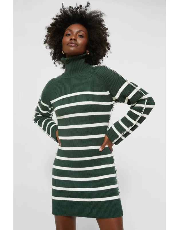 Pine Green & White Striped Mini Sweater Dress