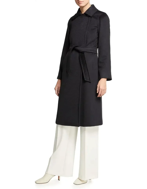 Belted Wrap Coat With Spread Collar And One Button Closure