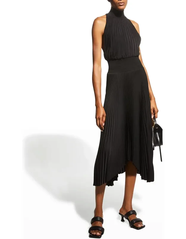 Renzo Pleated Halter Dress With Smocked Waistband And Asymmetric Hem