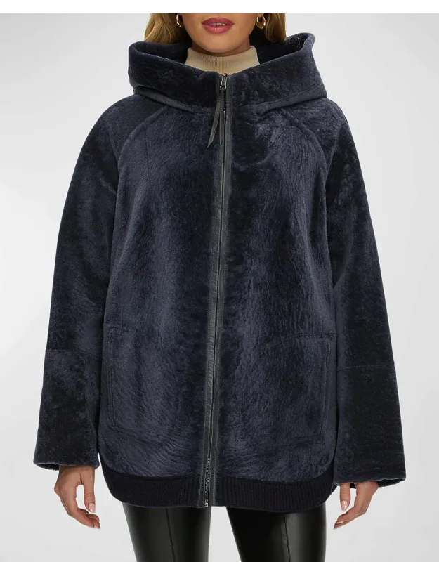 Reversible Shearling Lamb Zip Parka With Side Slits