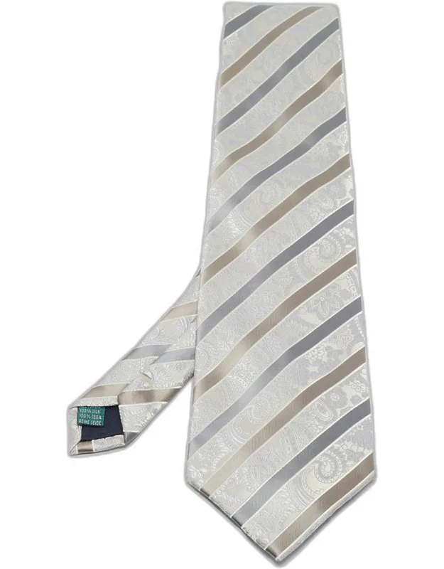 Vintage Grey Striped Paisley Pattern Jacquard Silk Tie