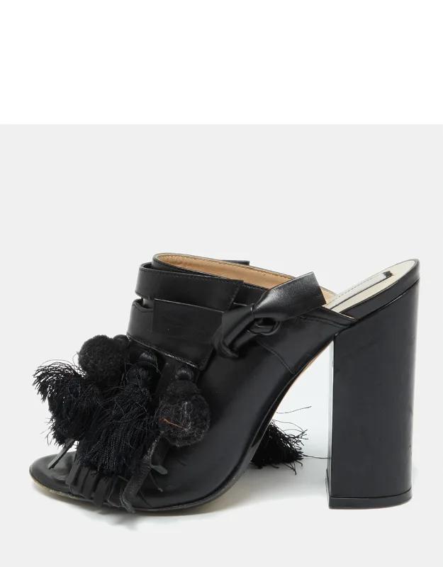 Leather Tassel Fringe Block Heel Mules