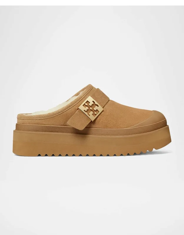 Mellow Suede Shearling Buckle Platform Loafer Mules