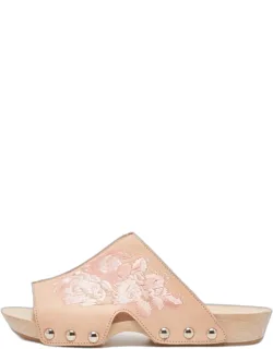 Peach Leather Embroidered Wooden Clogs