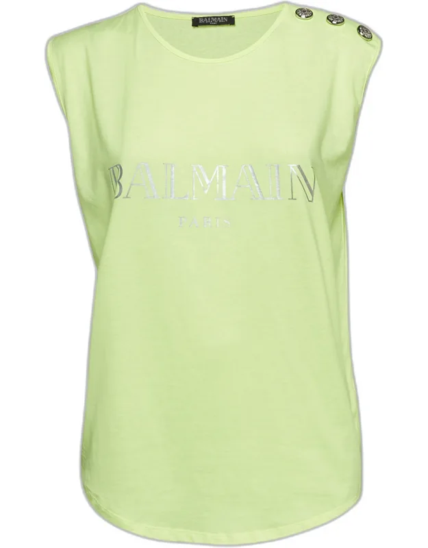 Fluorescent Green Logo Print Jersey Sleeveless T-shirt
