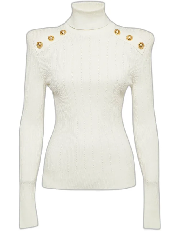 Rib Knit Structured Shoulders Turtleneck Sweater