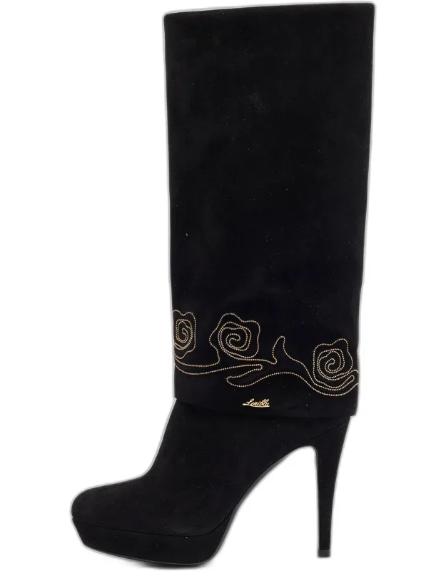 Suede Cuff Embroidered Knee Length Boots