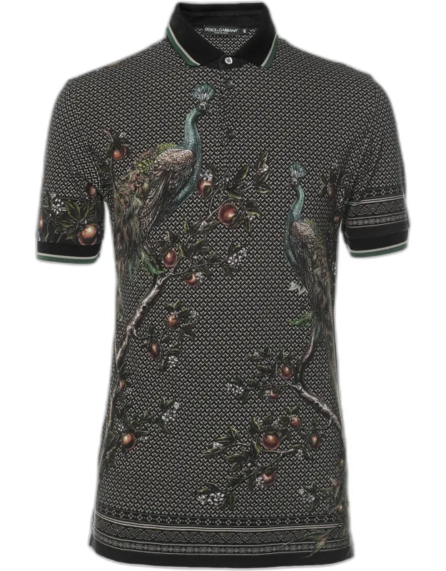 Multicolor Peacock Print Cotton Polo Shirt