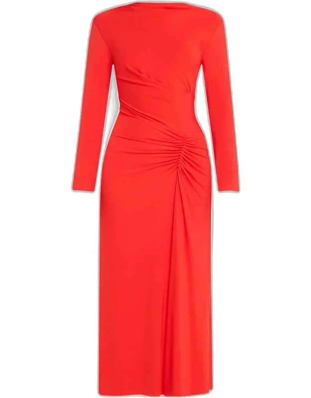 Ruched Long-sleeve Midi Dress
