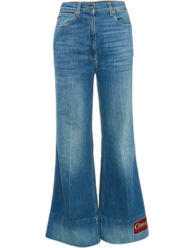 Washed Denim Logo Patch Flared Jeans