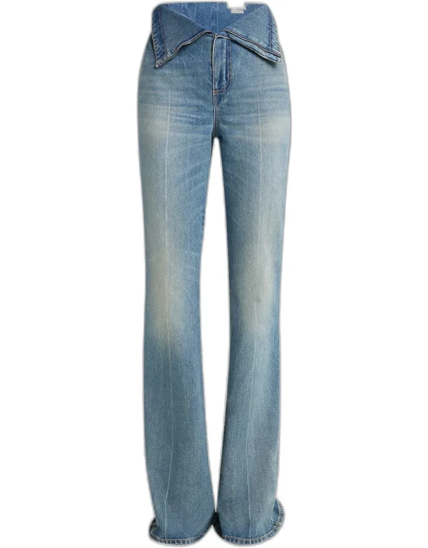 Foldover-waist Denim Flare Trousers