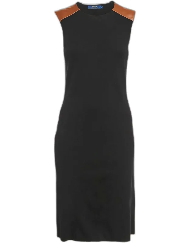 Leather Trim Stretch Knit Short Dress