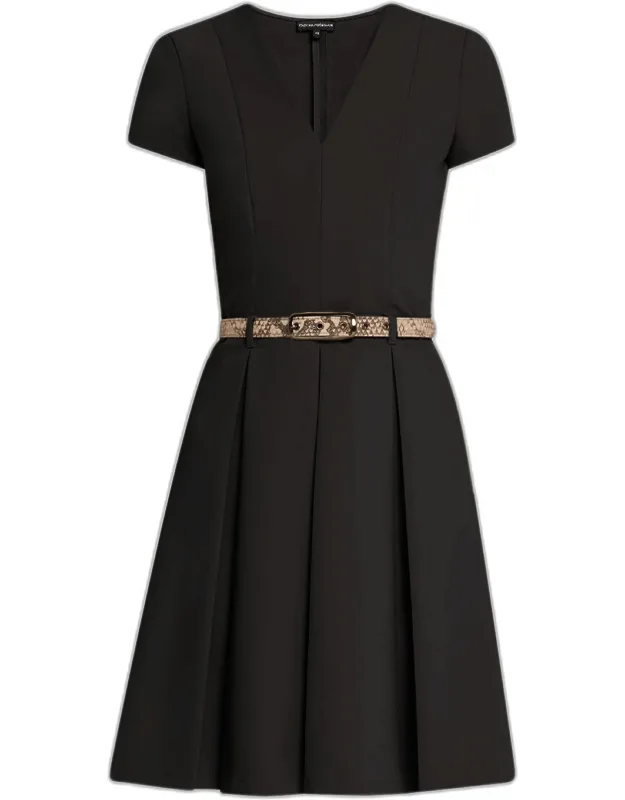 Belted Pleated A-line Mini Dress