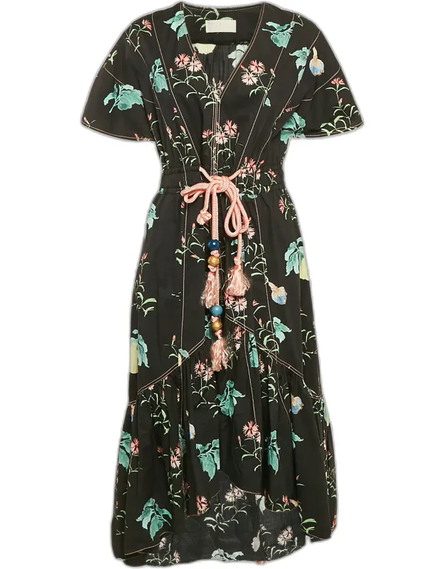 Floral Print Asymmetric Flounce Midi Dress