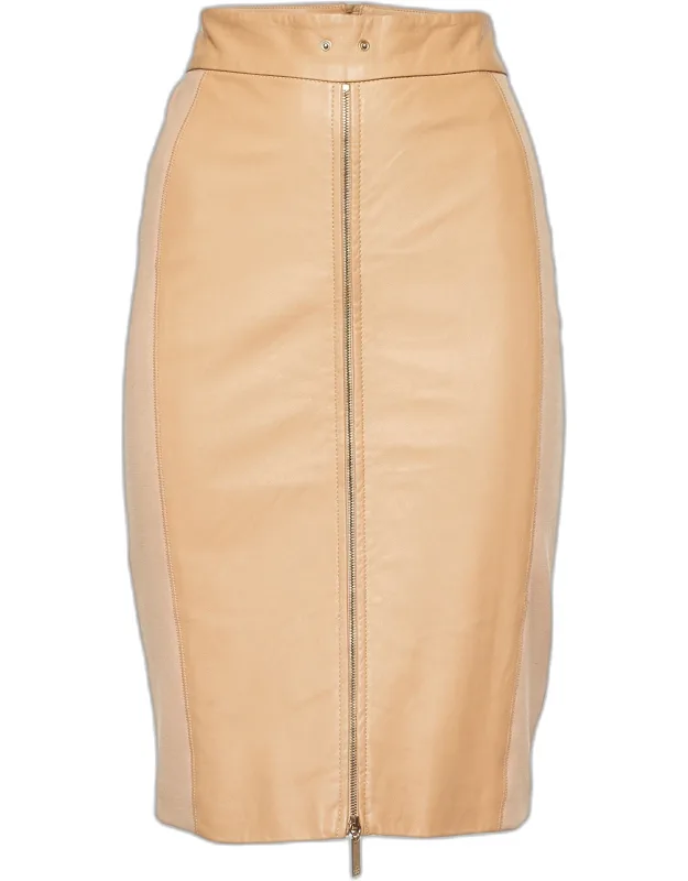 Gold Beige Leather & Jersey Pencil Skirt