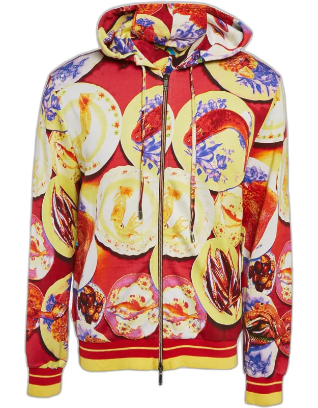 Seafood Print Cotton Knit Zip-up Hoodie