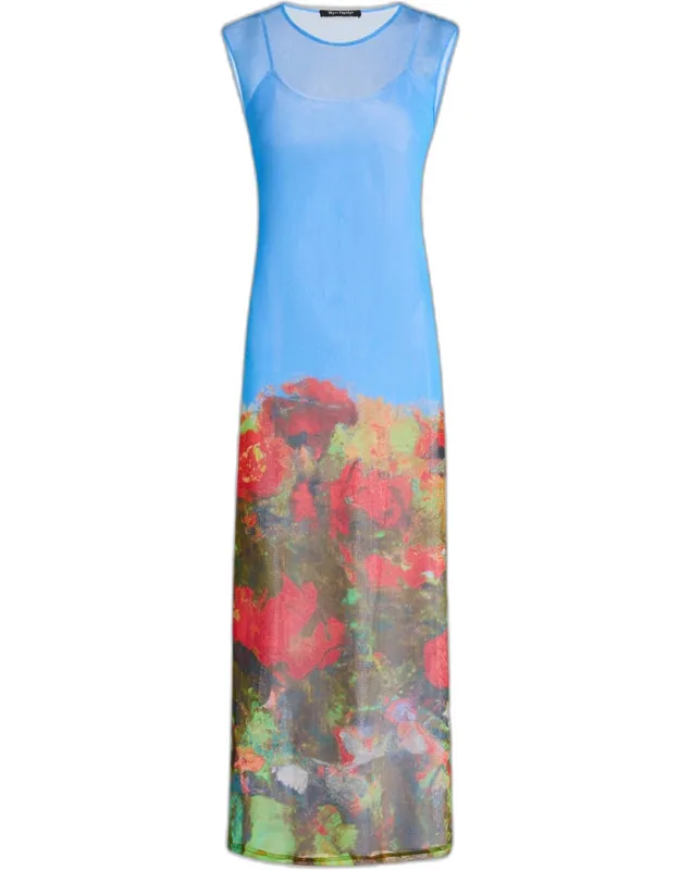 Printed Mesh Maxi Dress