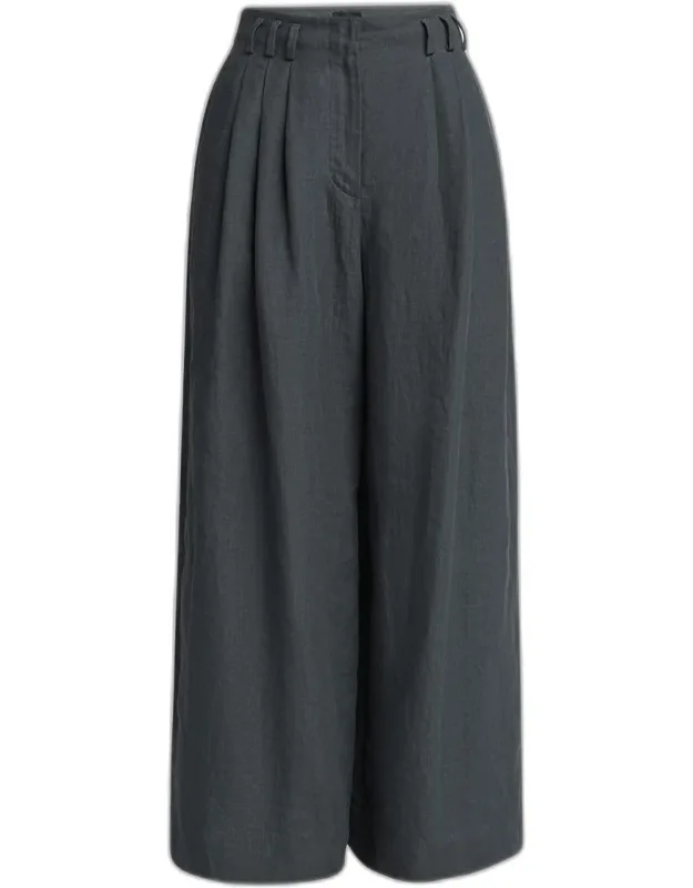 Pleated Wide-leg Linen Trousers
