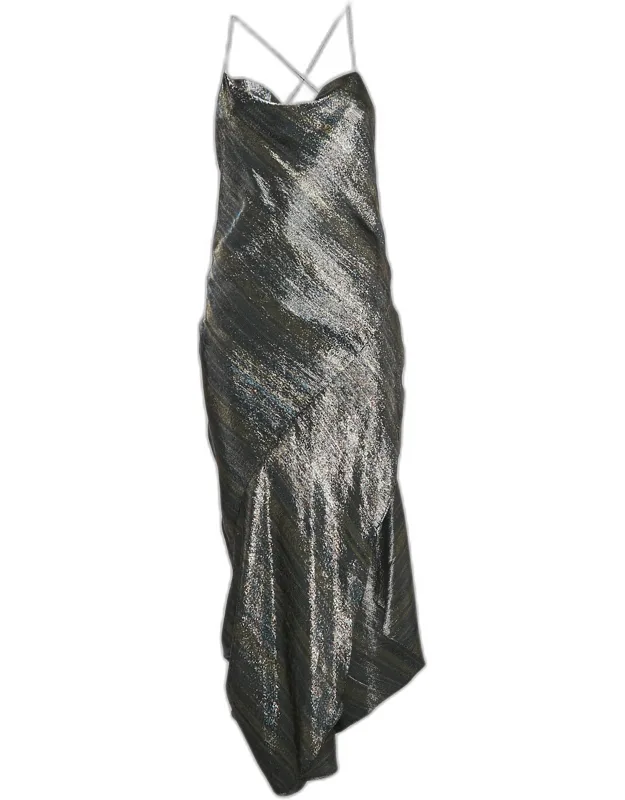 Metallic Lurex Silk Blend Asymmetric Maxi Slip Dress