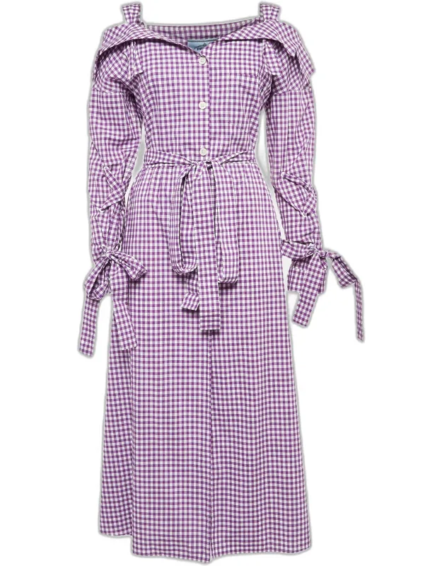 Gingham Cotton Bow Detail Belted Midi Dress