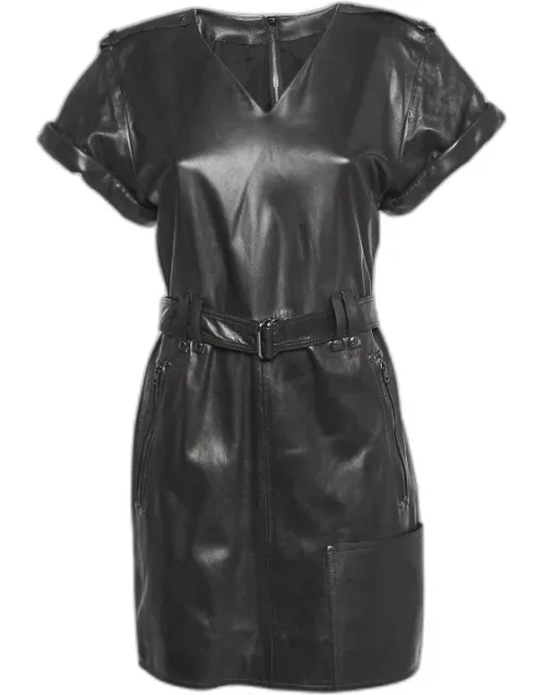 Leather V-neck Belted Mini Dress