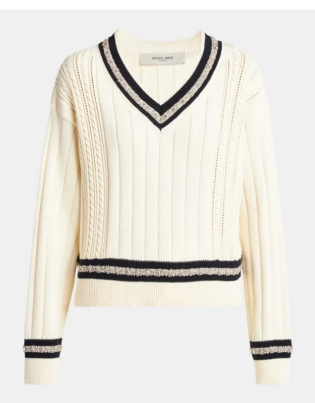 Embellished V-neck Varsity Sweater