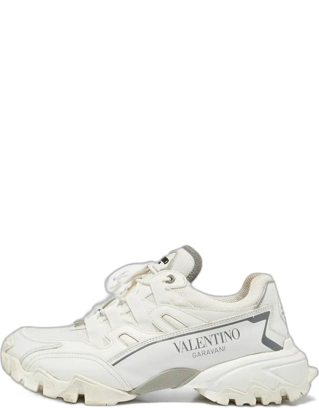 White Leather And Mesh Lace Up Sneakers