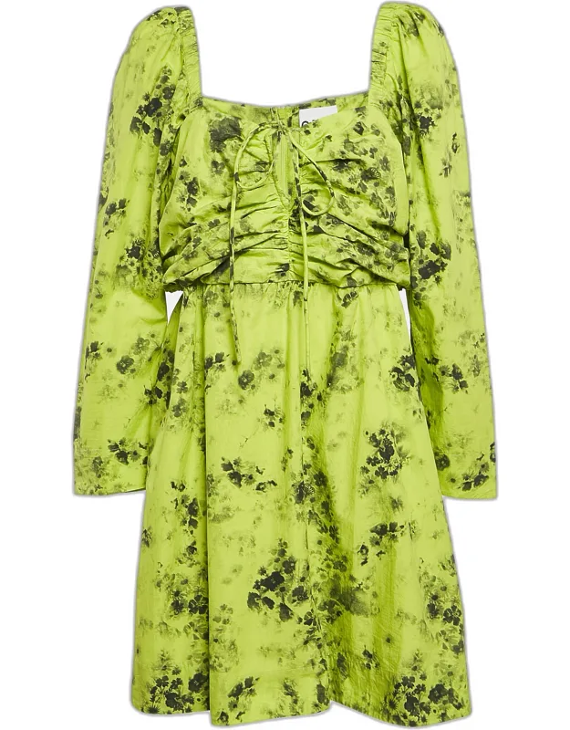 Floral Print Cotton Gathered Mini Dress