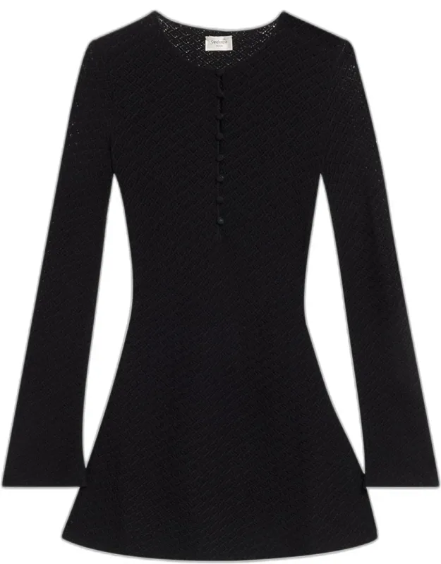 Buttoned Long-sleeve Knit Mini Dress