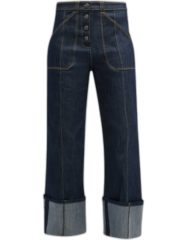 Cuffed Ankle Topstitched Denim Pants