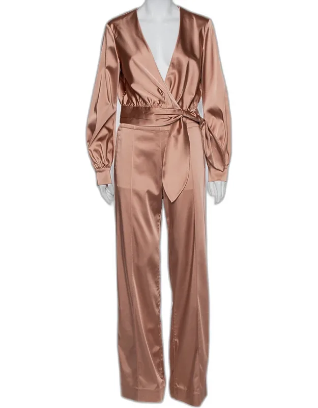 Salmon Pink Crepe Satin Wrap Crop Top & Wide Leg Track Pants Set