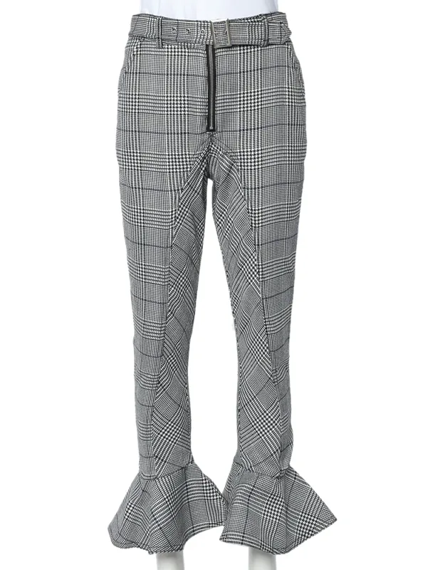 Monochrome Checkered Ruffled Hem Belted Cropped Pants