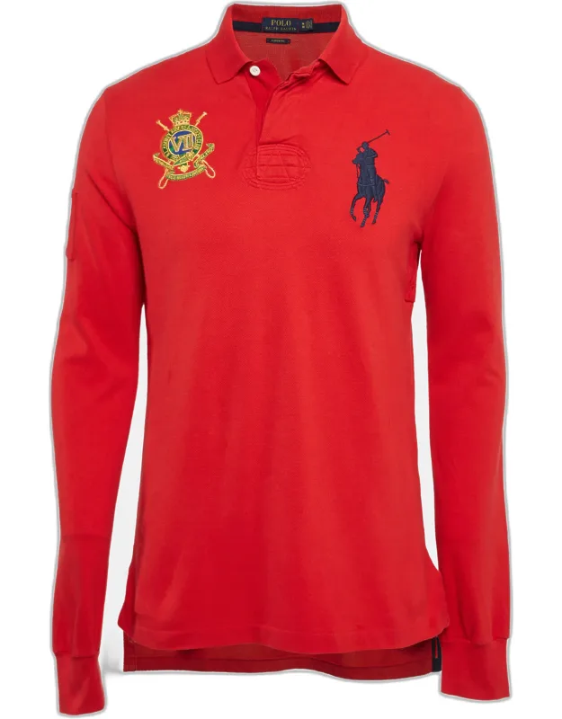 Embroidered Pique Cotton Long Sleeve Polo T-shirt