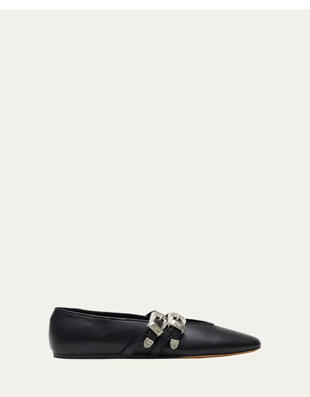 Claudia Leather Dual-buckle Ballerina Flats