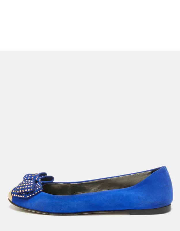 Suede And Gold Cap Toe Studded Bow Ballet Flats