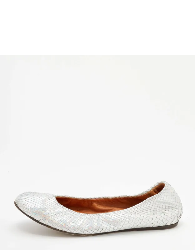 Silver Snakeskin Embossed Leather Ballet Flats