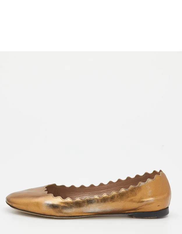Gold Leather Scalloped Ballet Flats