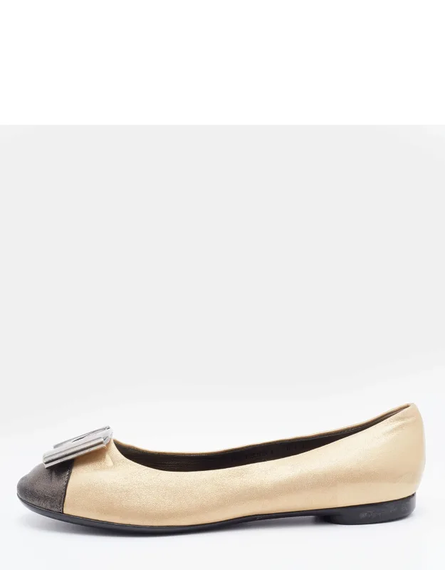 Metallic Leather Cap Toe Metal Trim Ballet Flats