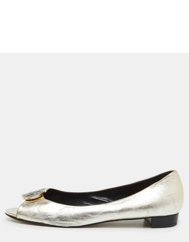 Gold Leather Logo Peep-toe Ballet Flats