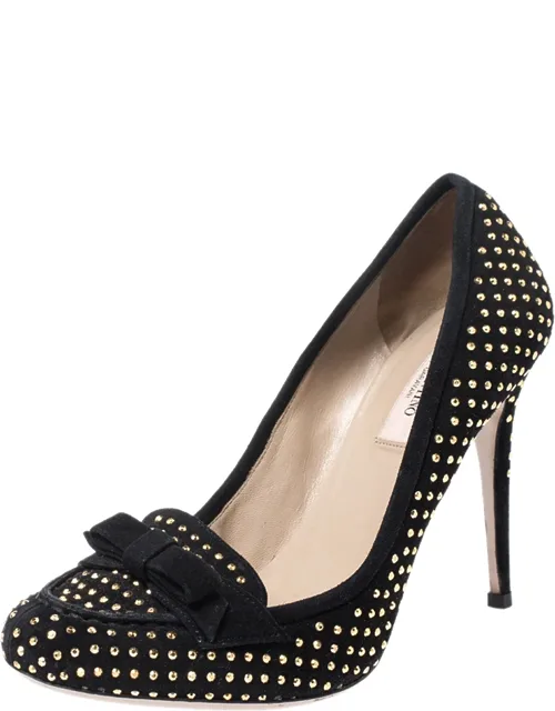 Suede Gold Tone Studded Loafer Pumps