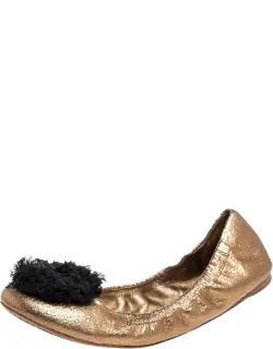 Metallic Bronze Crackled Leather And Black Fabric Flower Scrunch Ballet Flats